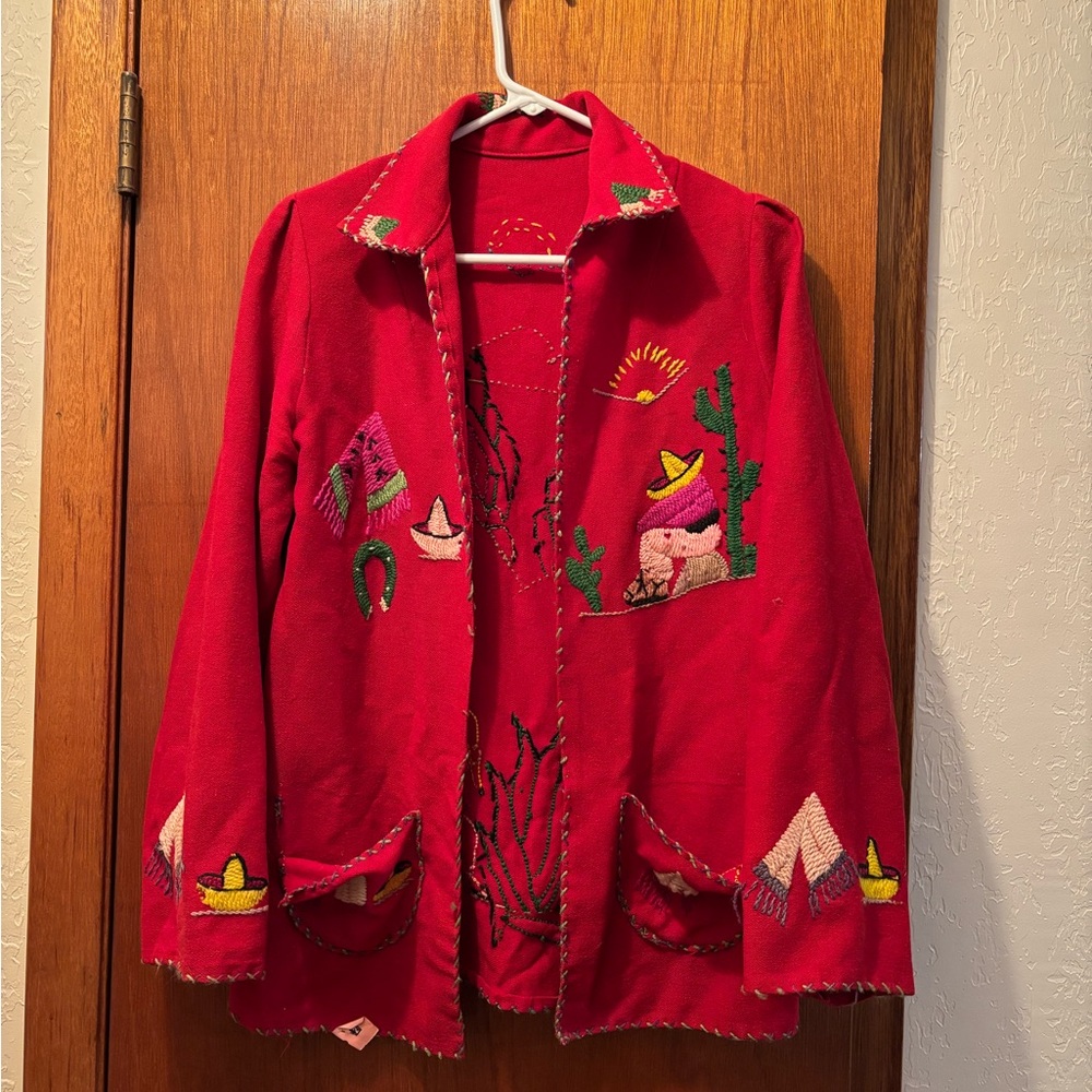 Vintage Red Embroidered Wool Blazer